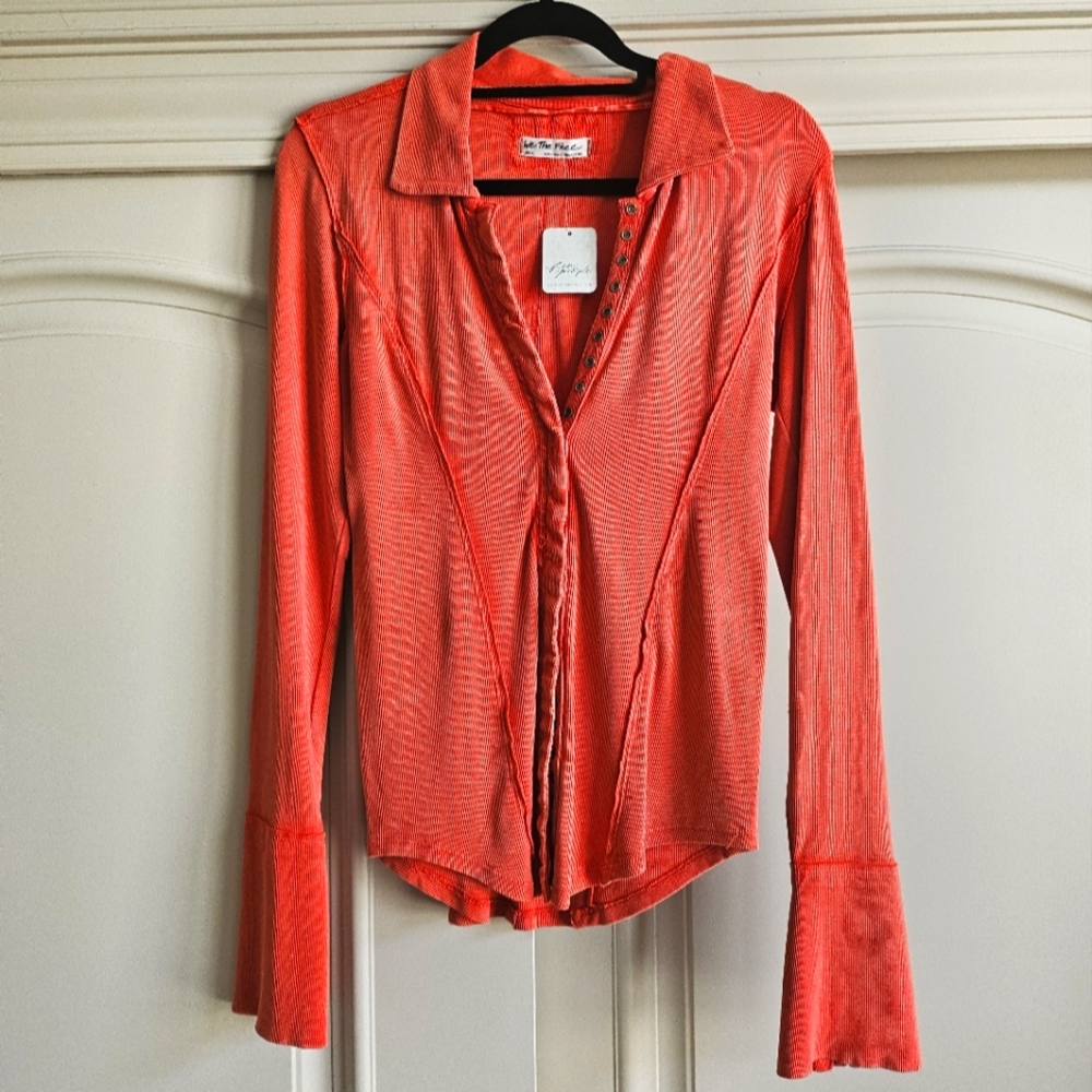 Free People We The Free Orange Button Down Stretch Corset Ribbed Shirt L NWT